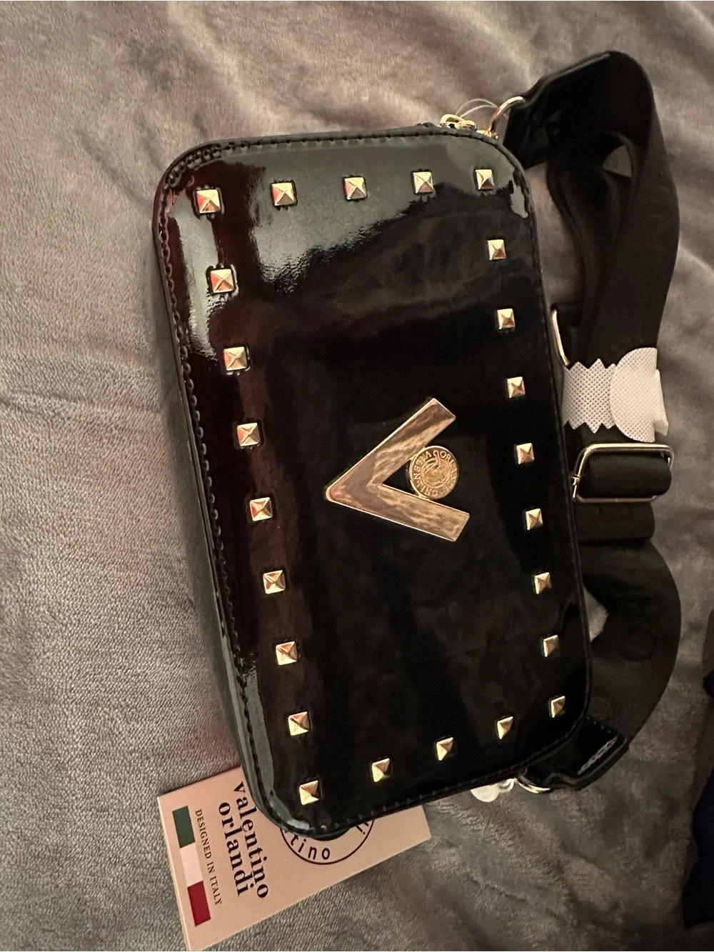 Valentino Garavani Black Patent Leather Stud Belt Bag with Gold Hardware
